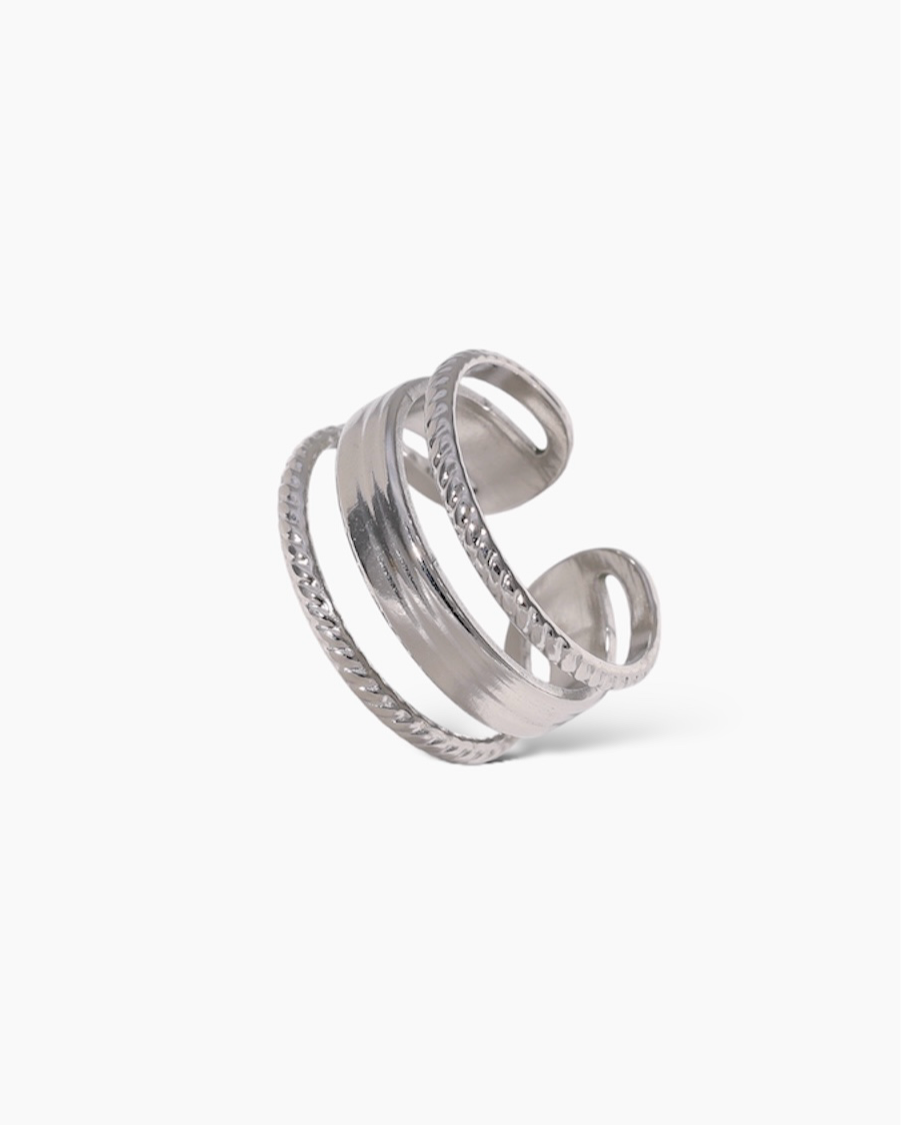 Anillo ajustable tres bandas acero baño rodio Vega Silver