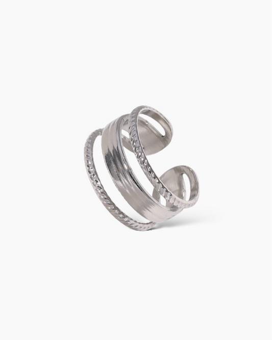 Anillo ajustable tres bandas acero baño rodio Vega Silver