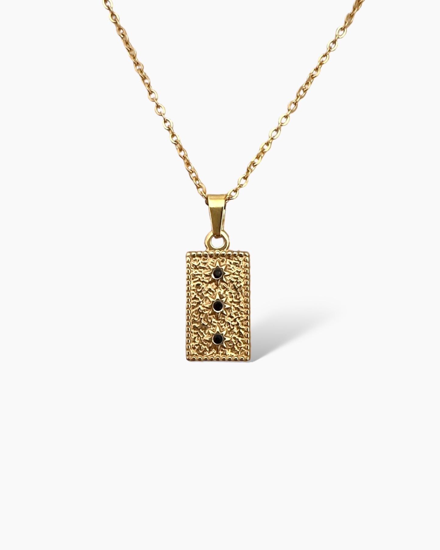 Collar cadena bolitas con colgante rectangular textura con circonitas negras acabado oro mate 18K Via Black