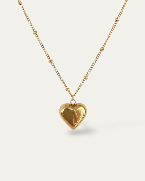 Collar largo cadena bolitas con colgante grande corazón en acero baño oro Corazón Grande