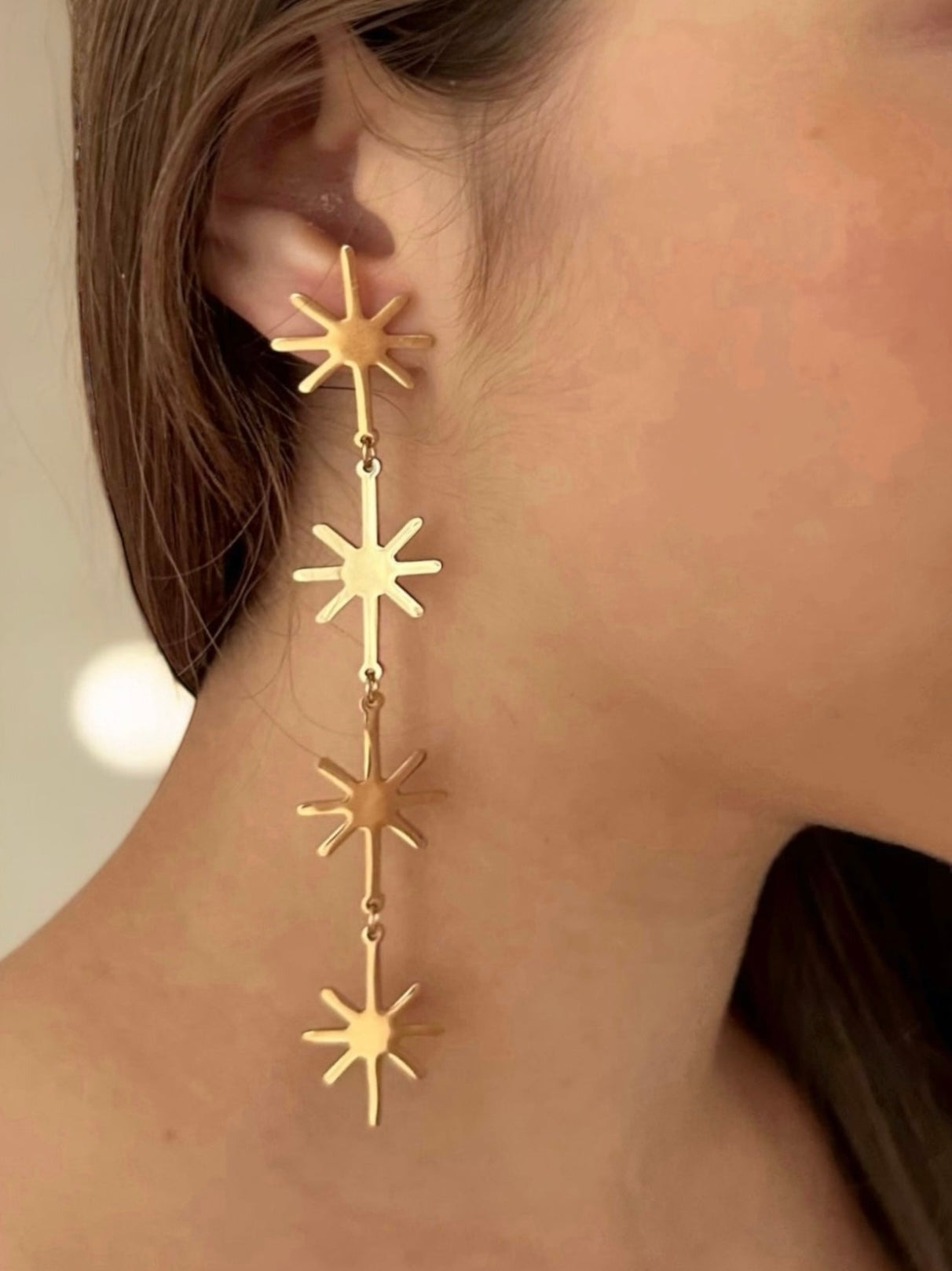 Pendientes largos estrellas en acero inoxidable baño oro 18 K Stars