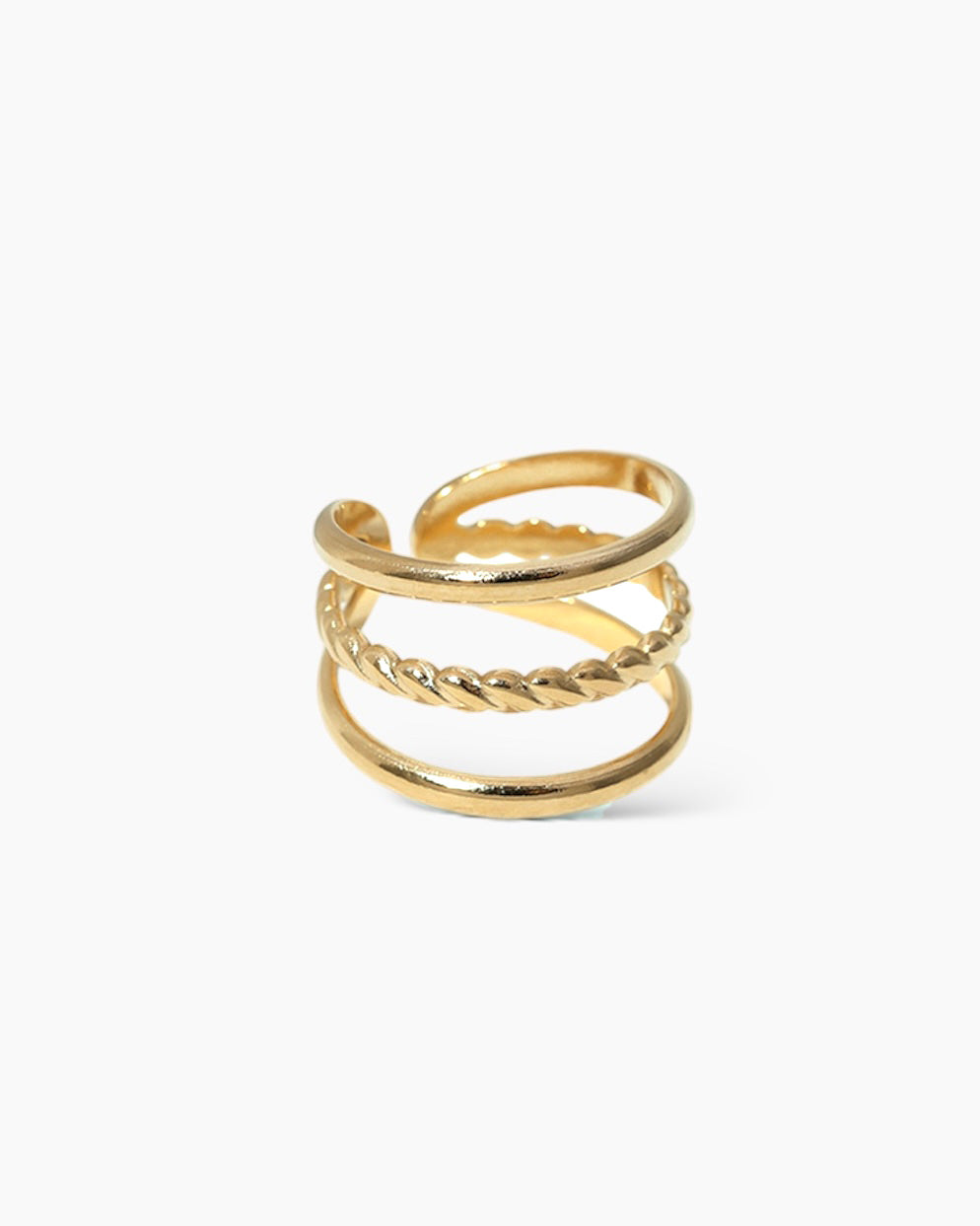 Anillo tres bandas finas diseño trenzado acero baño oro 18K Helena Gold
