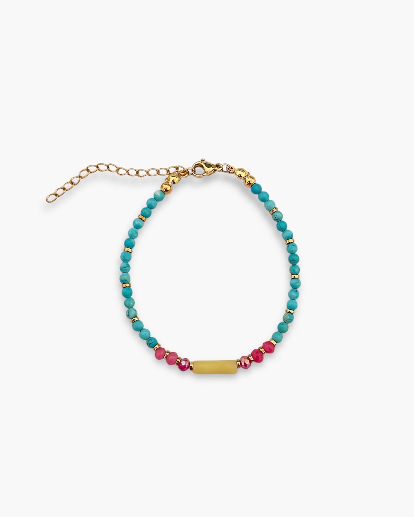 Pulsera cuentas turquesa detalle cristal rosa acabada acero oro Turquesa