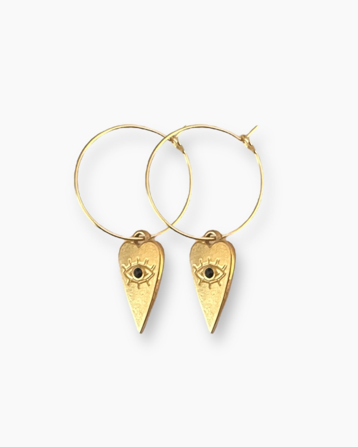 Aros finos con colgante corazón motivo ojo circonita negra en acero baño oro 18K Midi Corazón