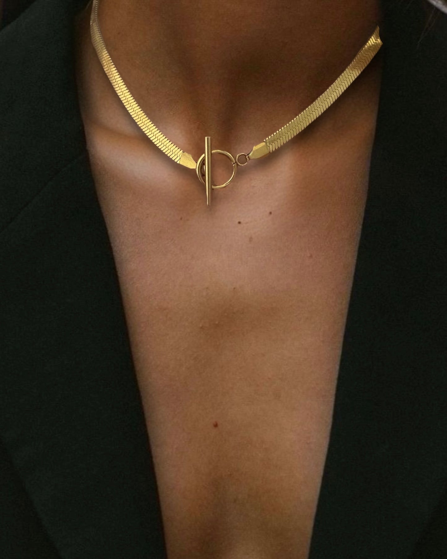 Collar corto de cadena plana con cierre delantero en acero baño oro 18k Snake
