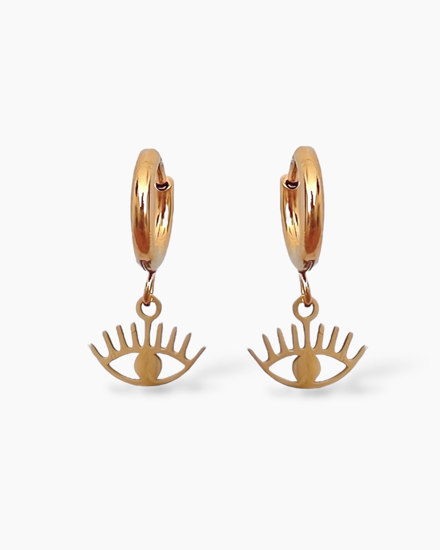 Pendientes de aro pequeños con charm de ojo en acero baño oro 18K Mini Ojos