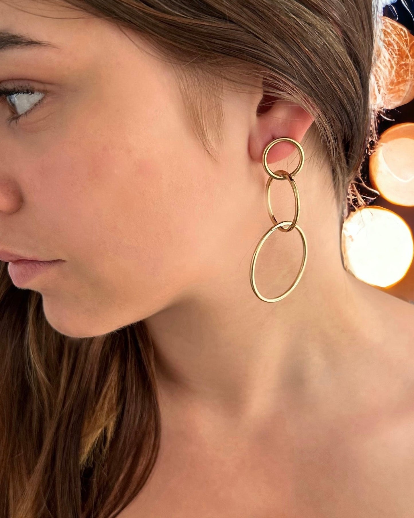 Pendientes largos círculos entrelazados en acero baño oro 18K