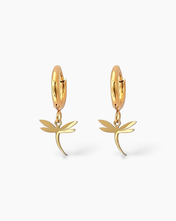 Aritos con colgante mini de libélula en acero baño oro 18K Drangonfly