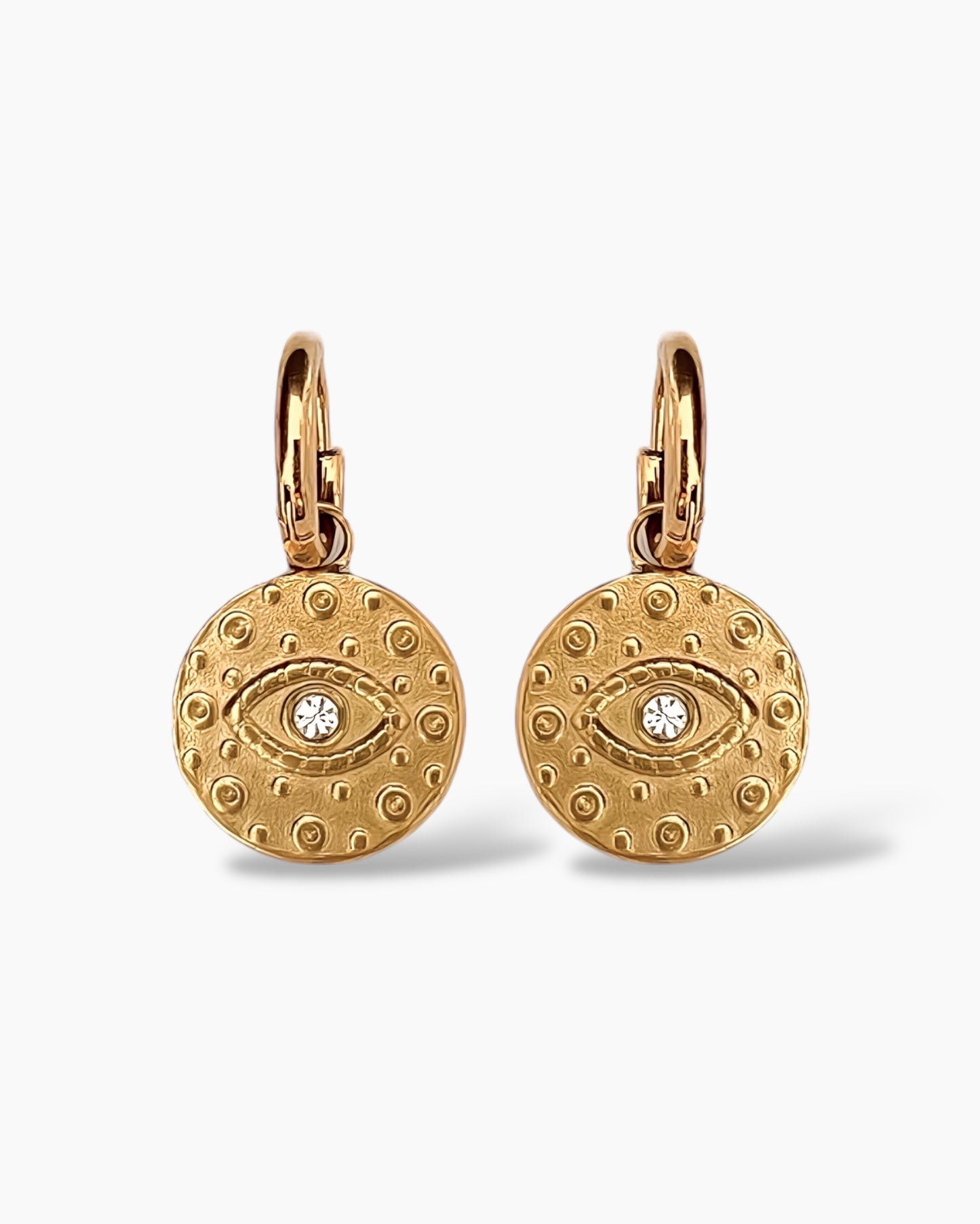 Aritos con charm grande circonita en acero baño oro mate 18K Ojos Circonita