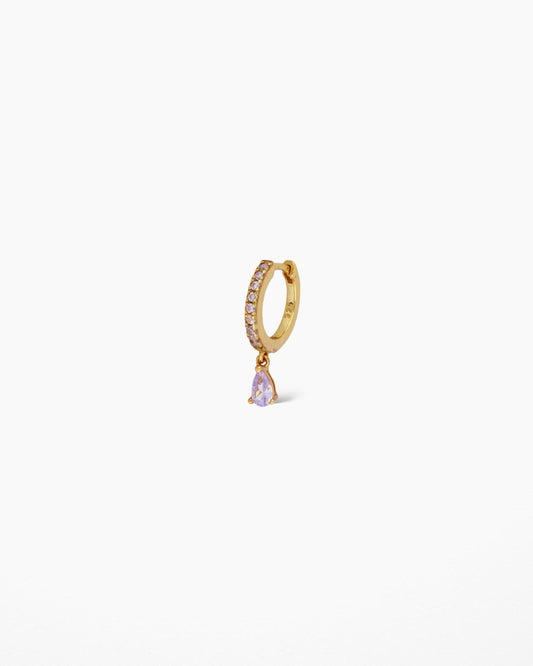 Mini arito con circonitas lilasy colgante de circonita lila, en plata de ley 925 con  baño de oro de 18k.
