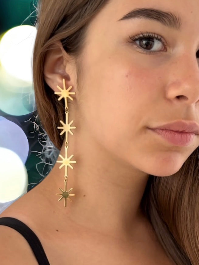 Pendientes largos estrellas en acero inoxidable baño oro 18 K Stars