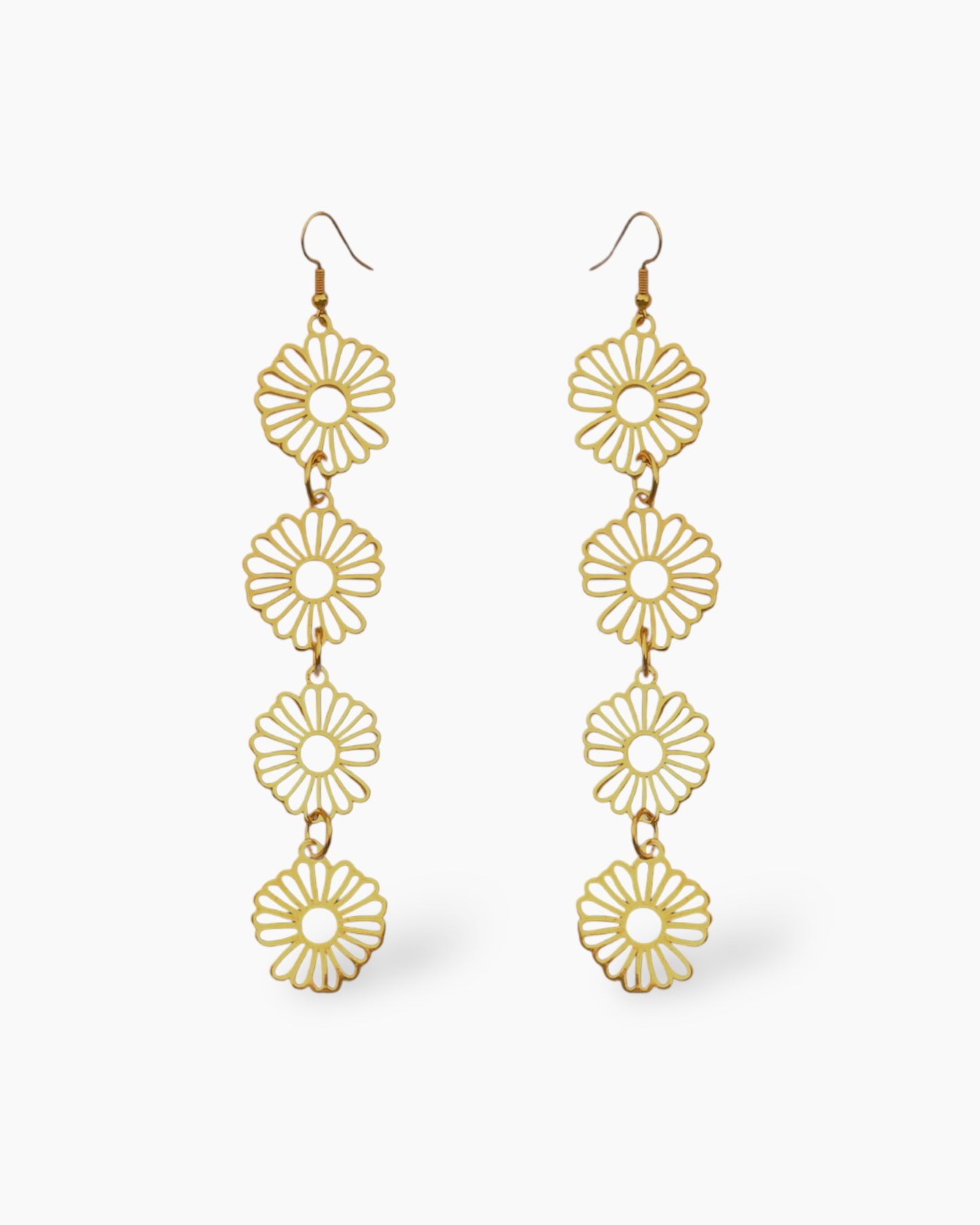 Pendientes Largos flores acero baño oro 18K Flor