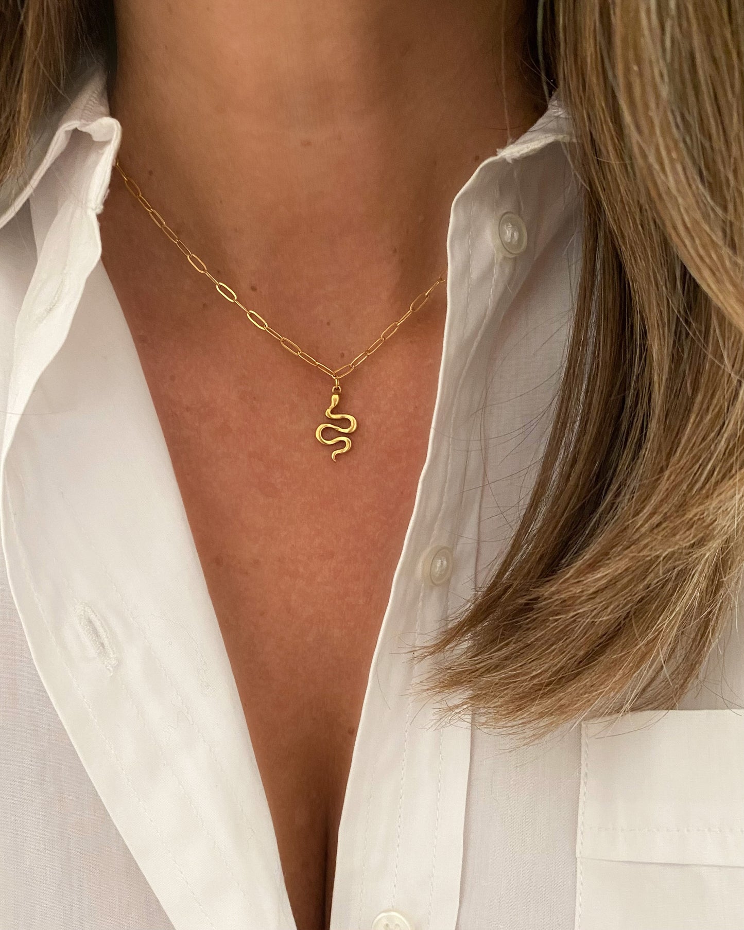 Collar cadena eslabones pequeños con colgante forma serpiente en acero acabado oro Serpens
