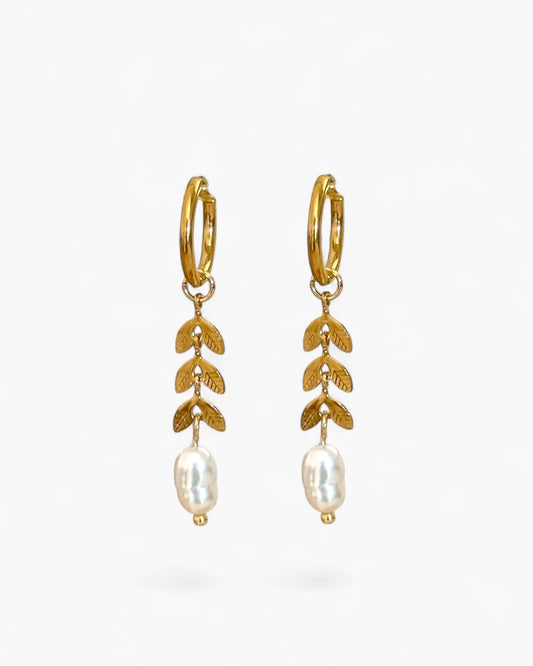 Pendientes colgante espiga y perla en acero baño oro 18K