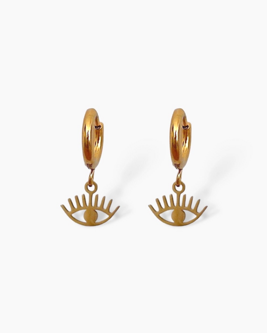 Pendientes de aro pequeños con charm de ojo en acero baño oro 18K Mini Ojos