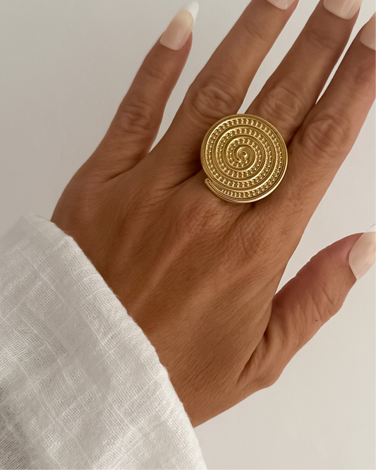 Anillo maxi diseño espiral textura en acero inoxidable baño oro 18K Spiral