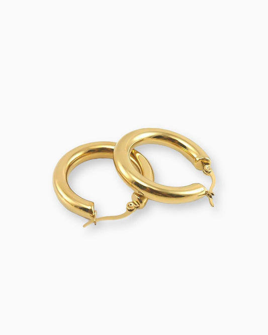 Estos aros tienen una forma circular clásica , con diseño de aro simple pero elegante. En acero inoxidable bañado en oro de 18k.