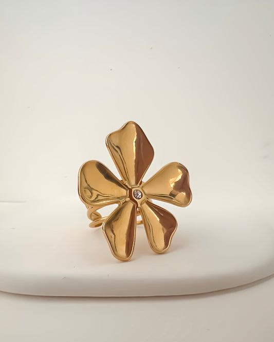 Anillo flor ajustable con circonita en acero baño oro 18K June