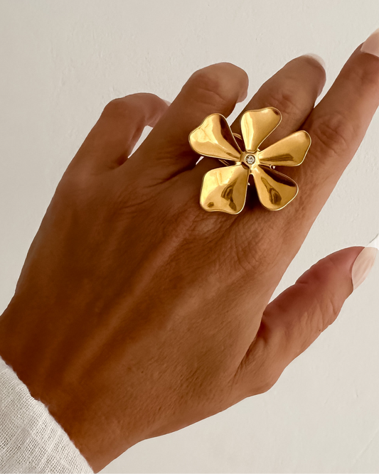 Anillo flor ajustable con circonita en acero baño oro 18K June