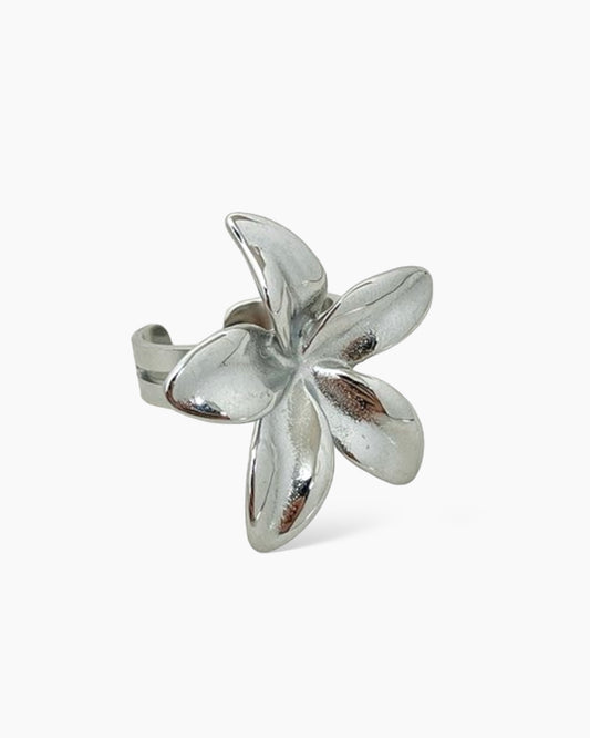 Anillo Flor ajustable en acero inoxidable con baño de rodio Lirio Silver