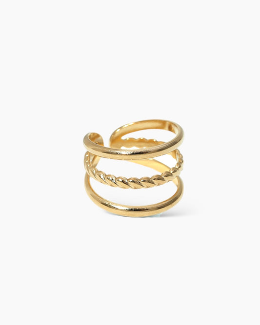 Anillo tres bandas finas diseño trenzado acero baño oro 18K Helena Gold