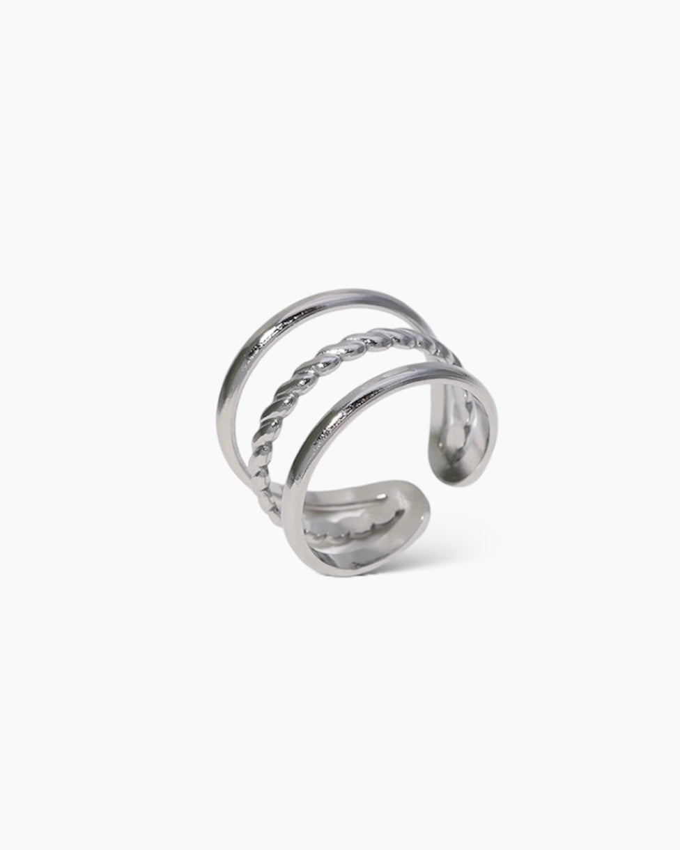 Anillo tres bandas finas diseño trenzado acero baño rodio Helena Silver