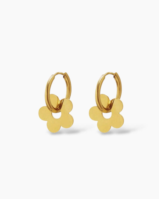 Pendientes aro medianos con charm de flor extraible en acero baño oro 18K Flor Baby