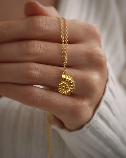 Collar cadenita simple con colgante en forma de concha marina con baño de oro mate 18K Nautilus