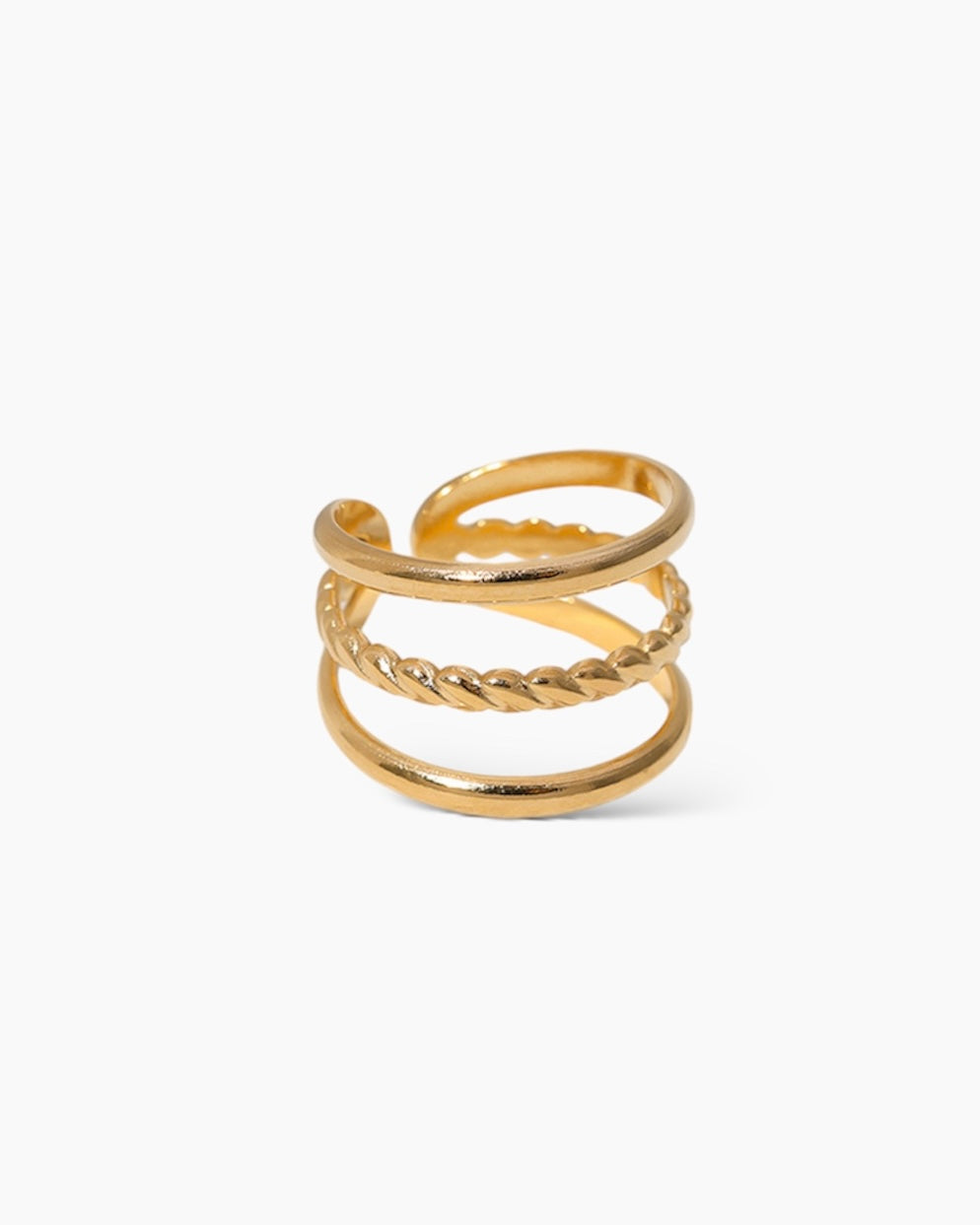 Anillo tres bandas finas diseño trenzado acero baño oro 18K Helena Gold