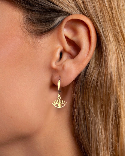 Pendientes de aro pequeños con charm de ojo en acero baño oro 18K Mini Ojos