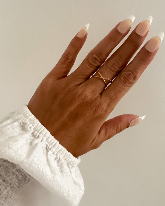 Anillo súper fino ajustable diseño cruzado en acero baño oro 18K Crossline