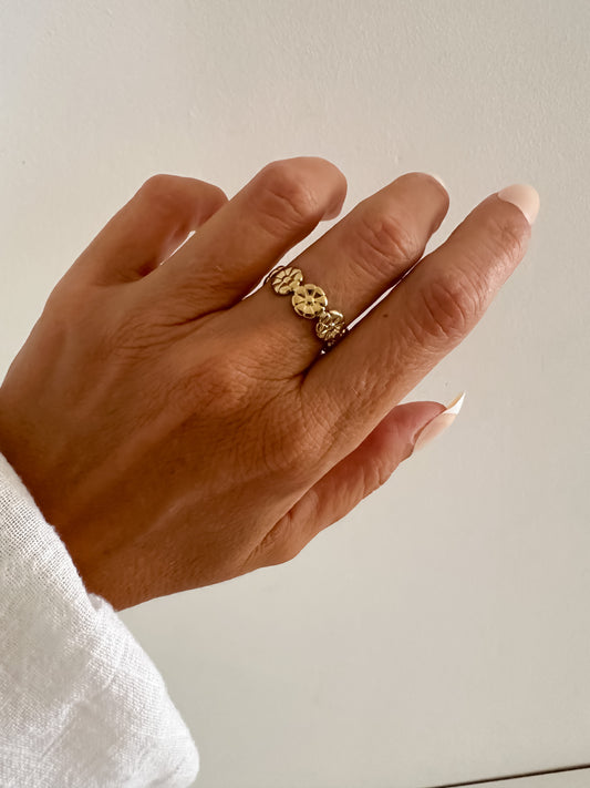 Anillo fino ajustable diseño flores en acero baño oro 18K Flores