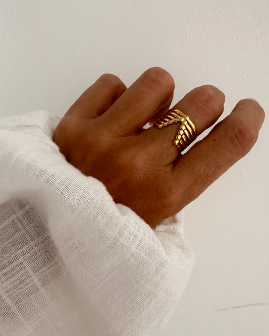 Anillo tiras finas con forma de V delantera en acero con baño oro 18K Victoria