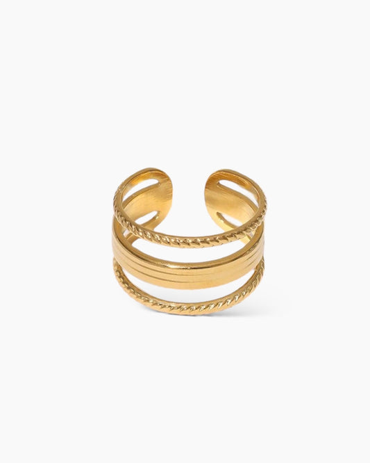 Anillo ajustable tres bandas acero inoxidable baño oro Vega Gold