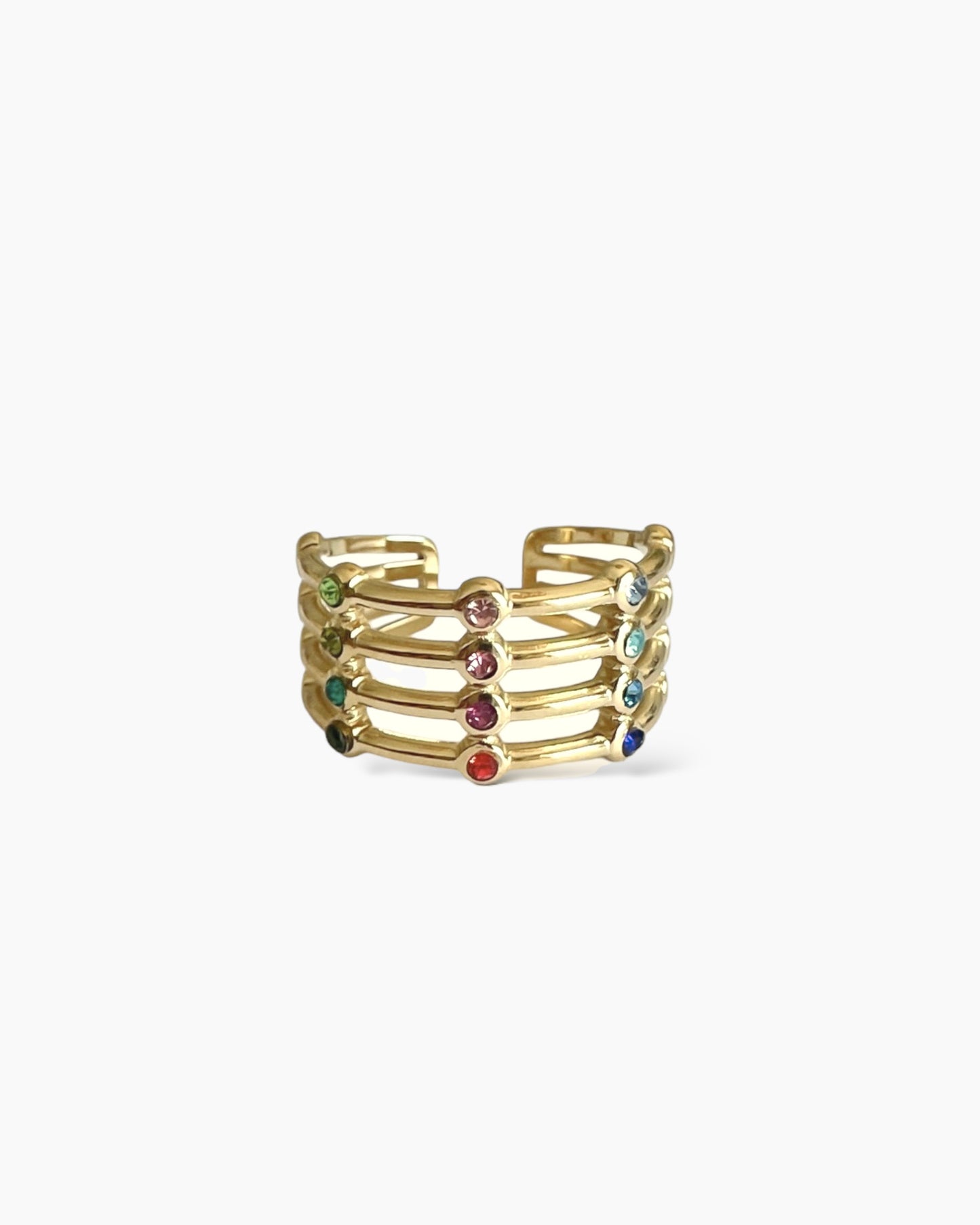 Anillo tres bandas detalle circonitas colores en acero baño oro 18K Tricolor