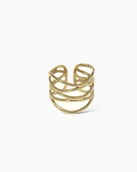 Anillo fino ajustable bandas onduladas en acero con baño oro 18K Sui