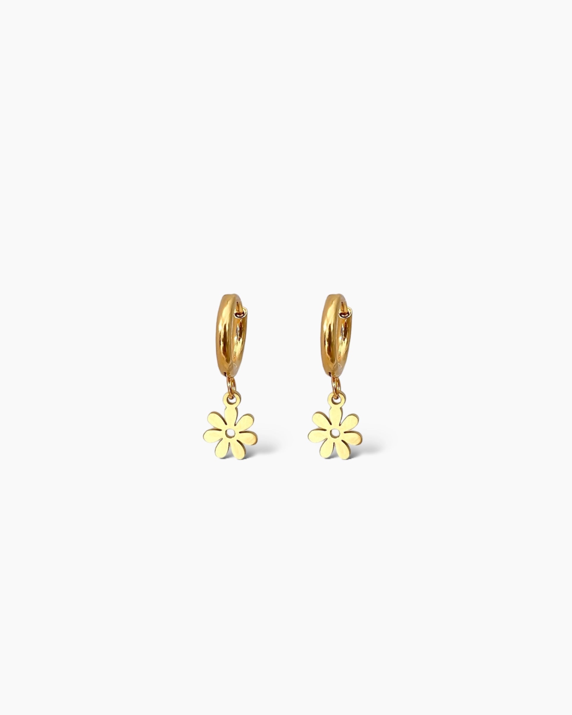 Mini aritos con colgante con forma de flor, en acero inoxidable bañado en oro de 18k.