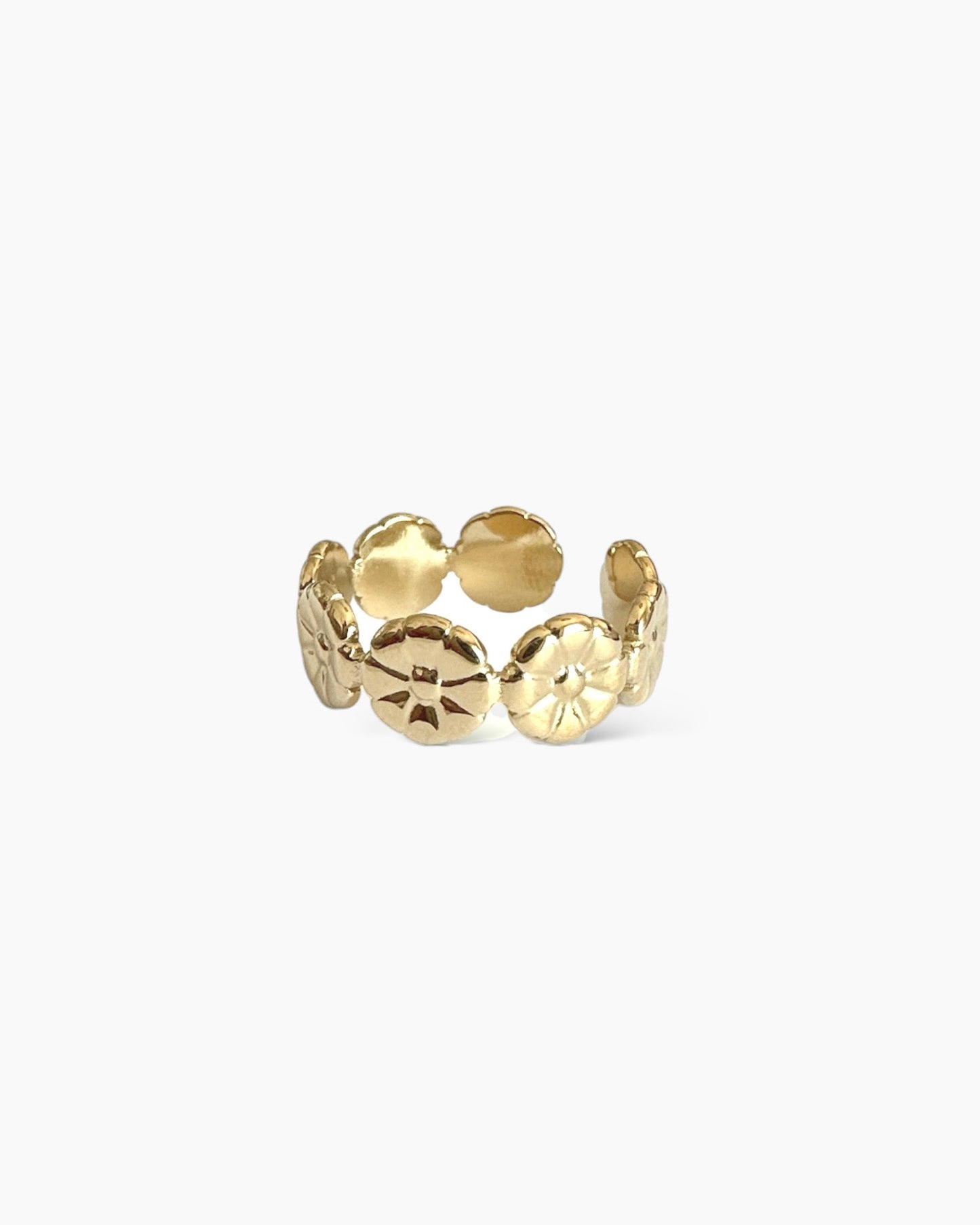 Anillo fino ajustable diseño flores en acero baño oro 18K Flores