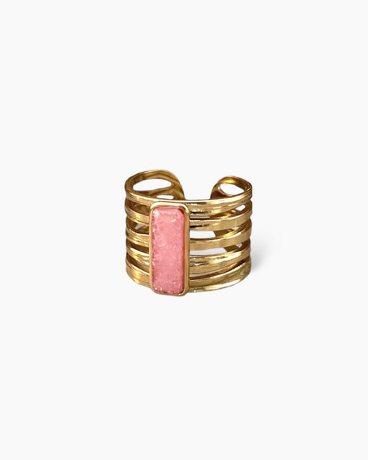 Anillo ajustable piedra rosa rectangular en acero baño oro 18K Bella Rosa