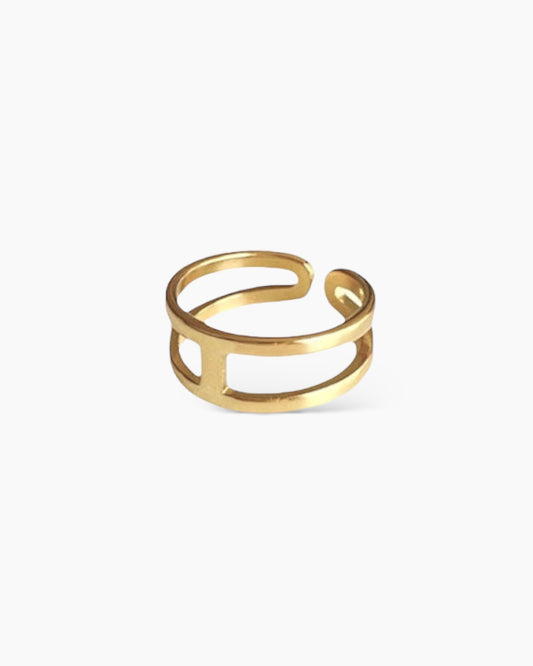 Anillo doble con banda vertical minimalista en acero baño oro 18K Code