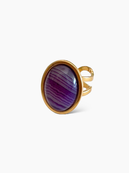 Anillo piedra grande morada en acero inoxidable baño oro 18K Bembergy