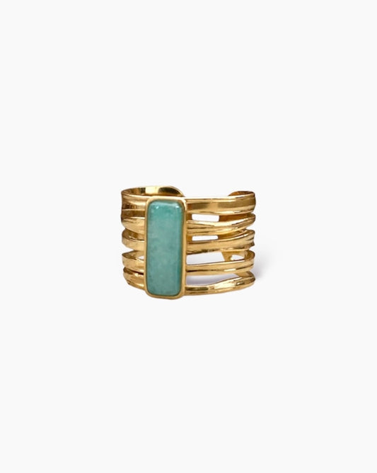 Anillo ajustable piedra rurquesa rectangular en acero baño oro 18K Bella Turquesa