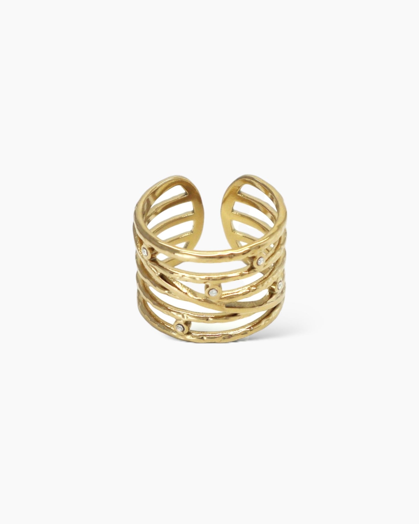 Anillo ajustable bandas con circonitas en acero baño oro 18K Pentagrama