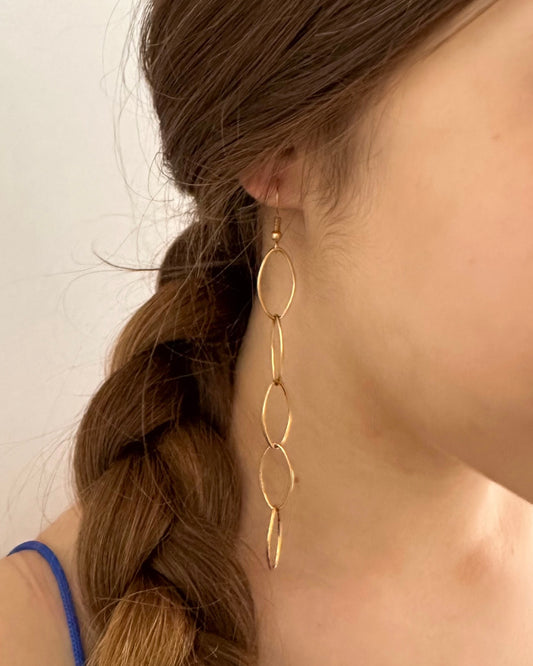 Los PENDIENTES LARGOS CADENA OVALADA son pendientes largos de cadena sencilla de eslabón ovalado idéales para darle un toque especial a tu outfit, están fabricados con  acero inoxidable con baño de ORO. 