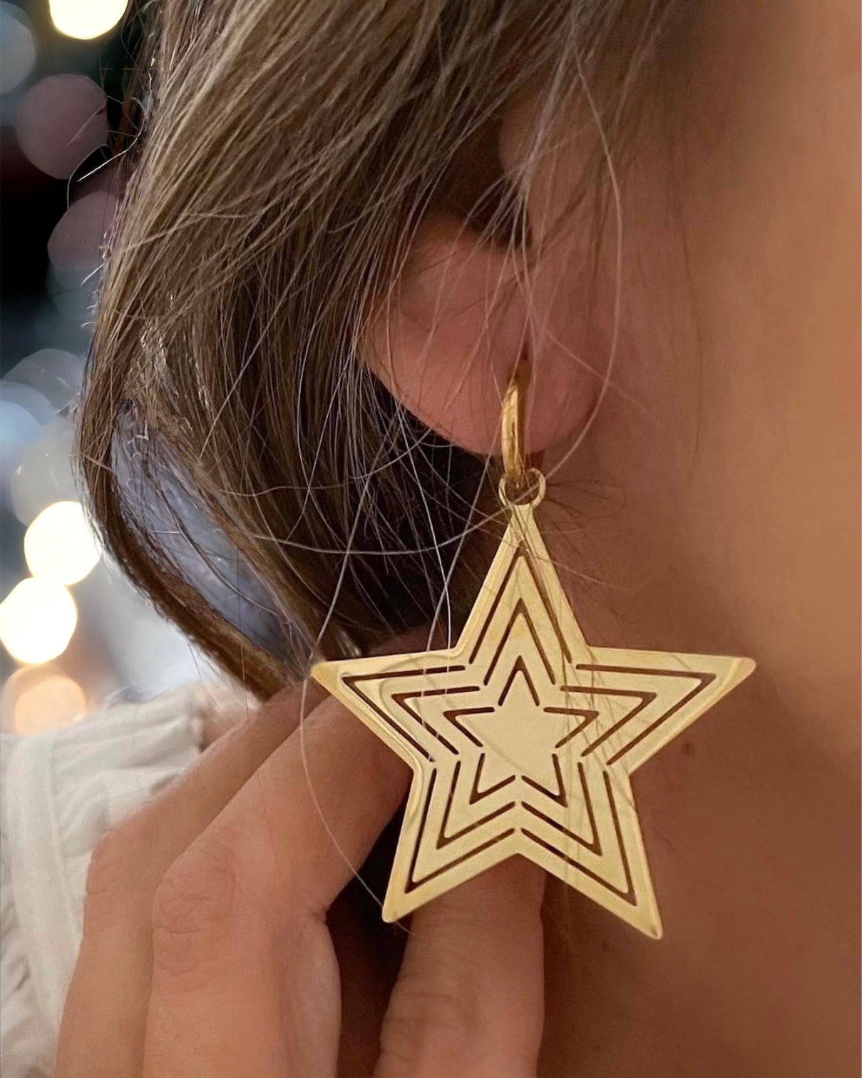 Pendientes fiesta estrella grandes en acero baño de oro 18K  Eighties