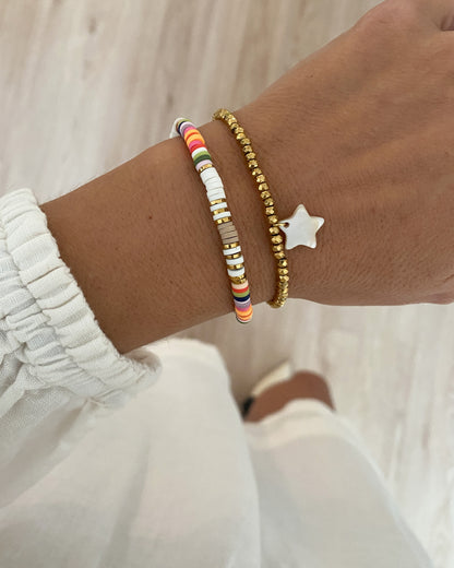 Pulsera cuentas disco tonos blanco acabado acero baño oro Menorca Blanca
